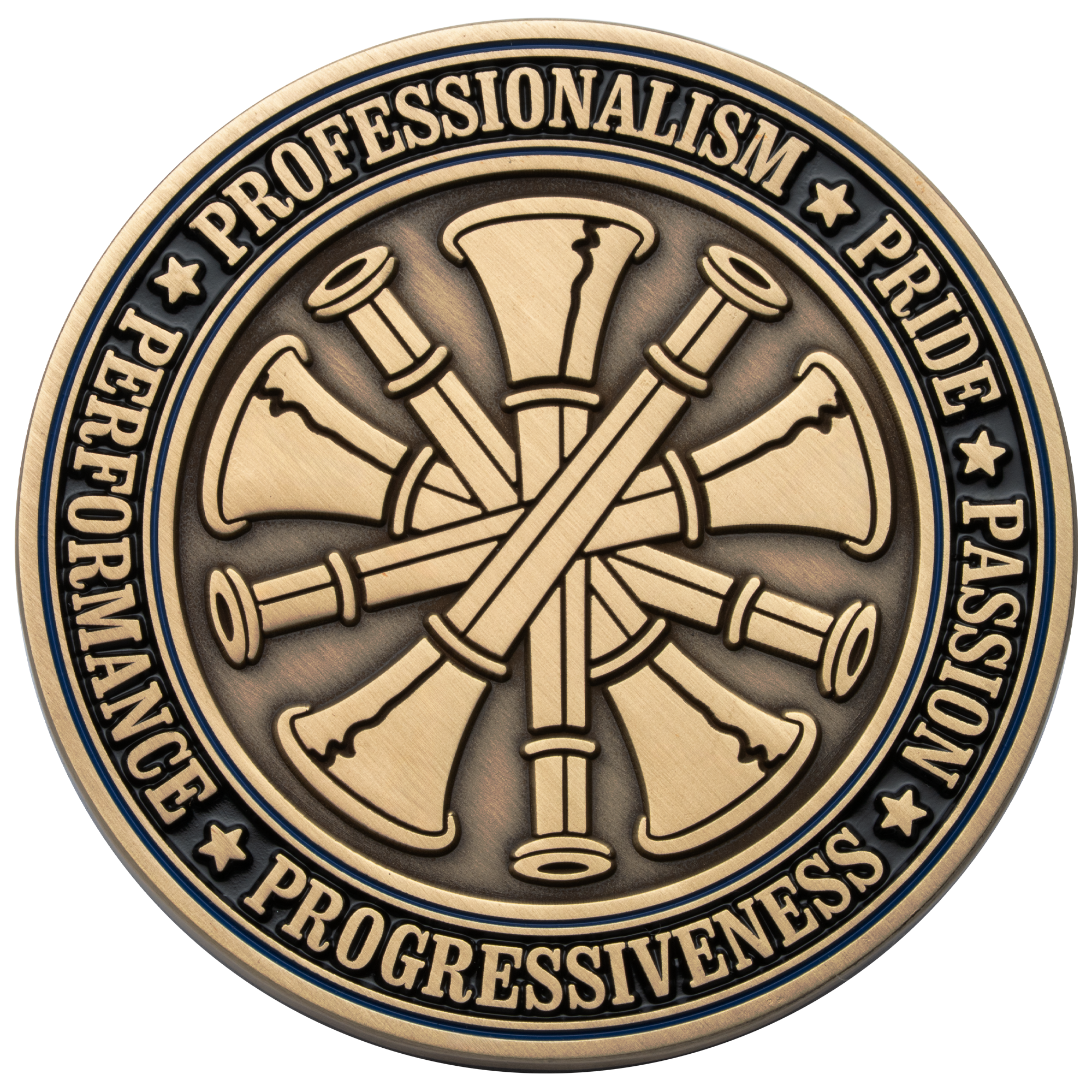 Antique bronze challenge coin featuring a five bugle fire chief insignia surrounded by values like professionalism and pride.