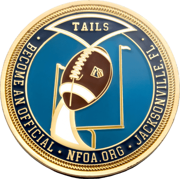 Front of a gold-rimmed football referee challenge coin marked Tails featuring a football kicked through goalposts for NFOA.ORG in Jacksonville, FL.