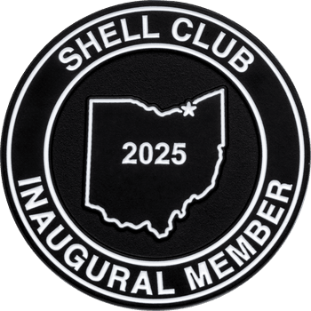 Round black and silver challenge coin featuring Shell Club Inaugural Member text with Ohio outline and 2025.