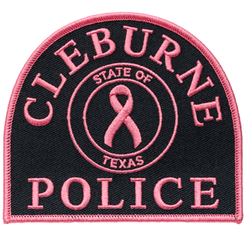 Embroidered Cleburne Police patch in black and pink featuring a breast cancer awareness ribbon and State of Texas seal.