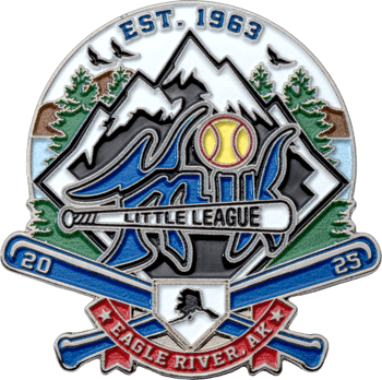 Enamel lapel pin for Eagle River Alaska Little League featuring snow-capped mountains, a softball, bats, and the state outline.