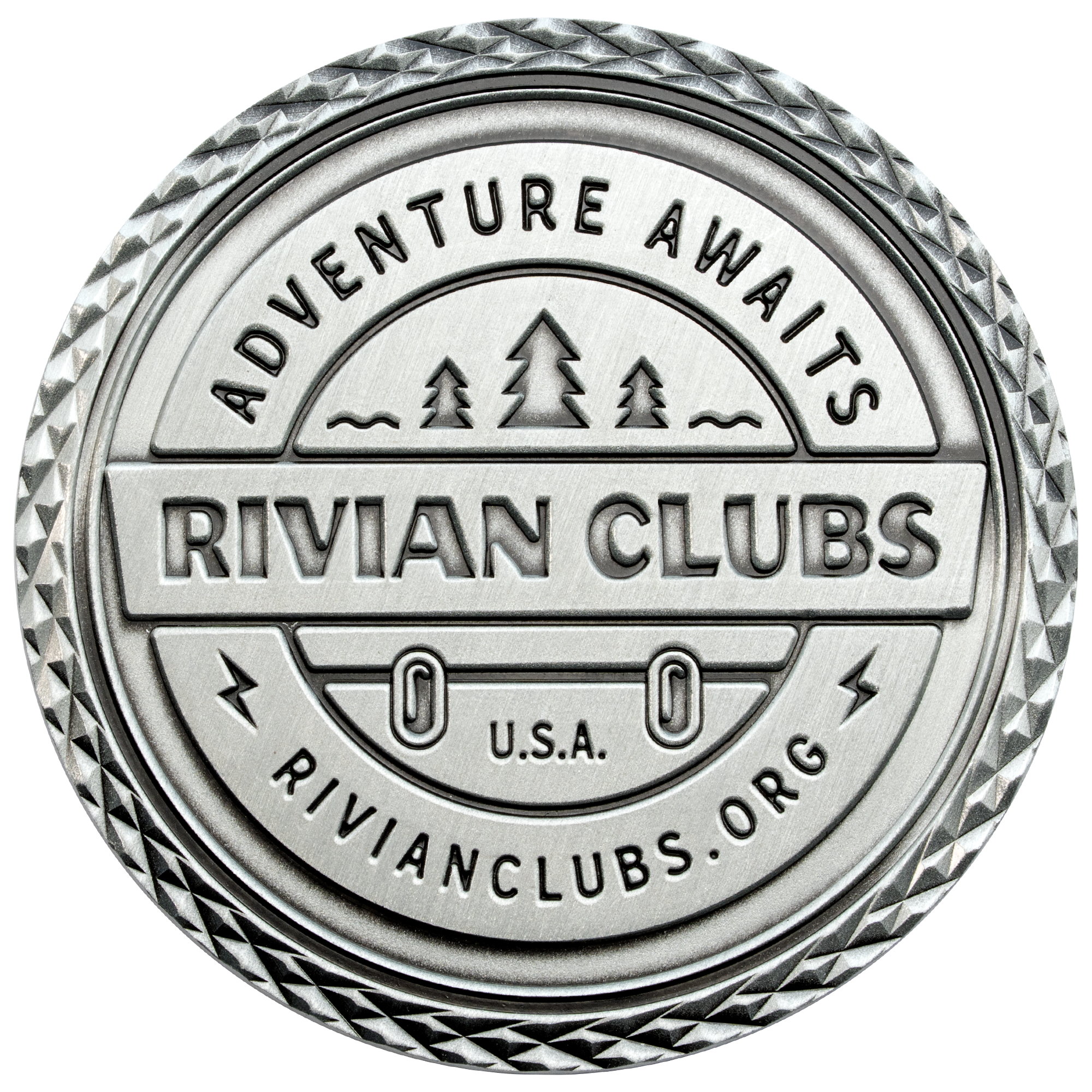 Antiqued silver challenge coin for Rivian Clubs featuring a mountain pine tree design and diamond-patterned edge.