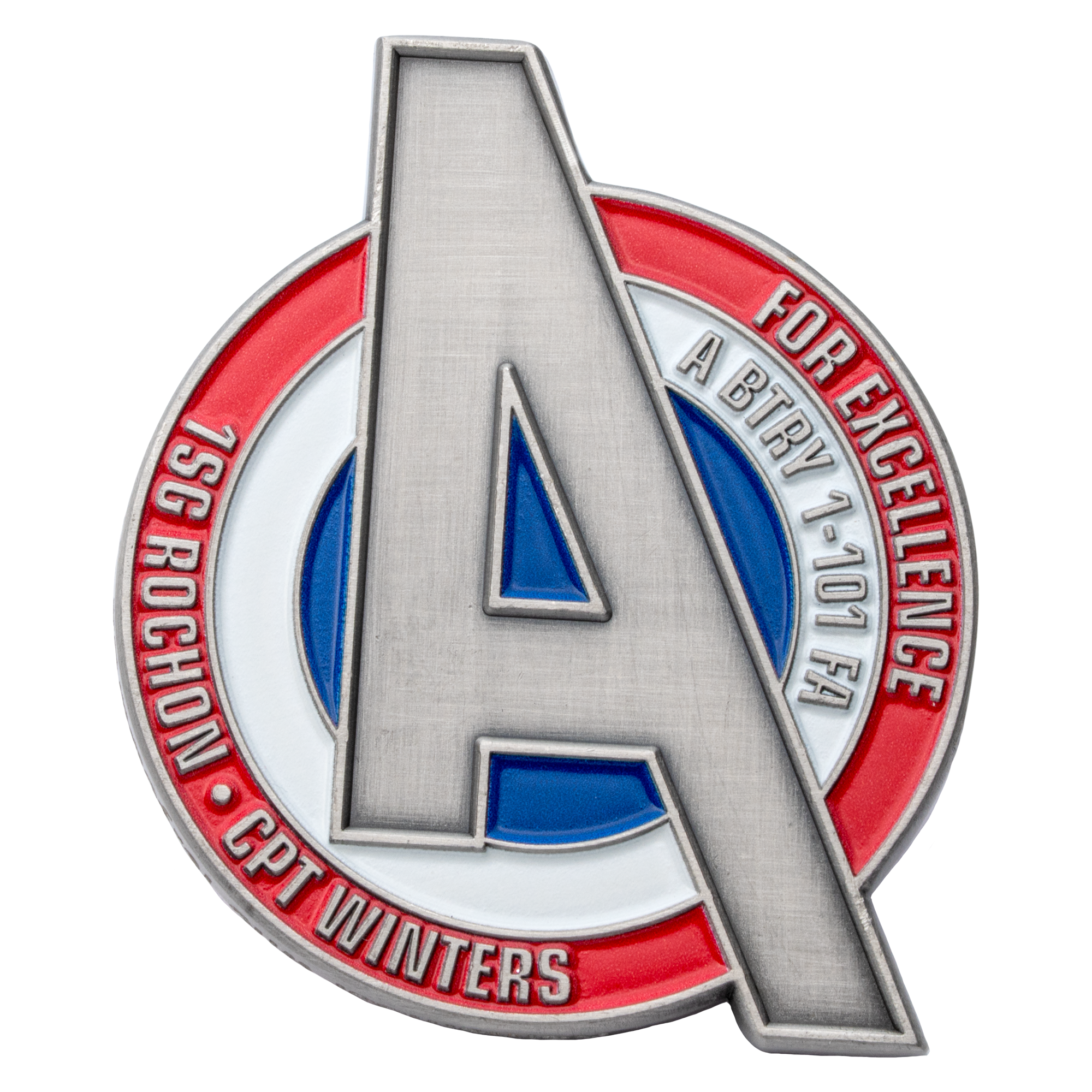 Shield-shaped lapel pin featuring a large brushed silver A over red, white, and blue circles with military unit text.