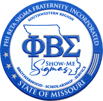 Phi Beta Sigma Fraternity Southwestern Region State of Missouri embroidered patch featuring Greek letters and Missouri map outline.