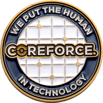 Custom challenge coin featuring Coreforce branding over a white grid design with blue and gold enamel accents.