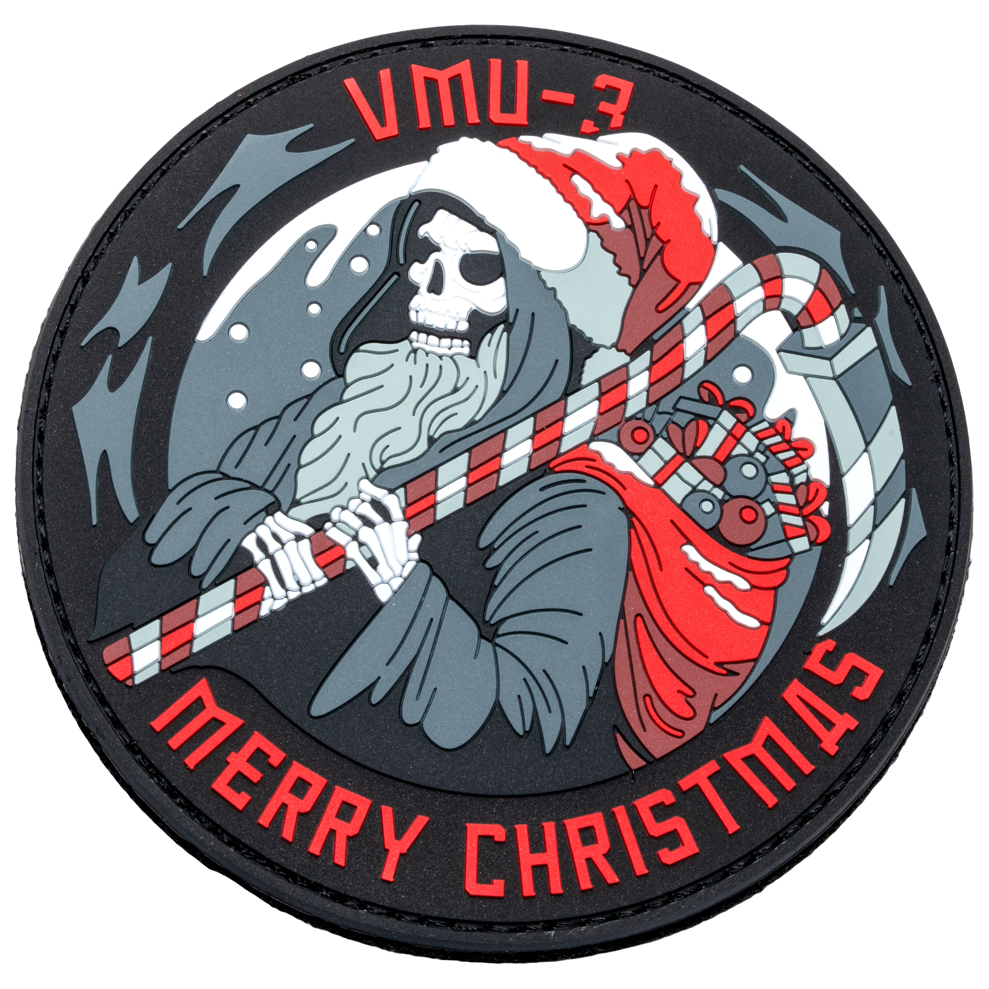 Circular PVC patch featuring a skeleton in a Santa hat holding a candy cane scythe with VMU-3 and Merry Christmas text.