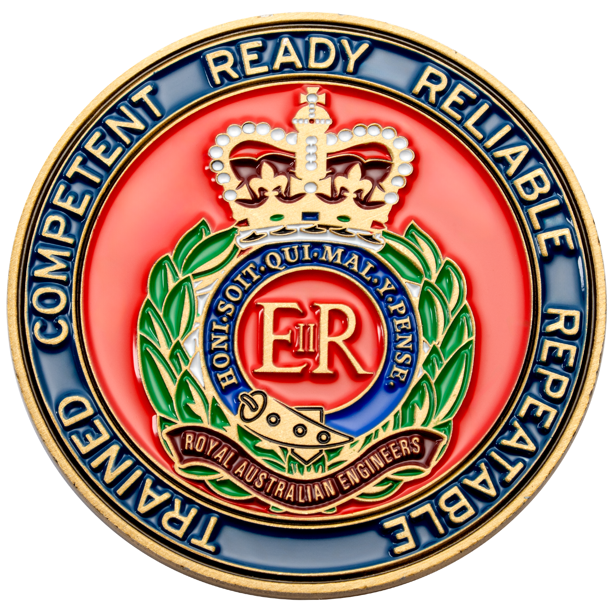 A circular challenge coin featuring the Royal Australian Engineers crest with a crown, laurel wreath, and red and blue enamel colors.