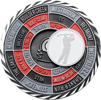 Custom golf tournament challenge coin featuring various golf clubs, dates, and a golfer silhouette emblem.