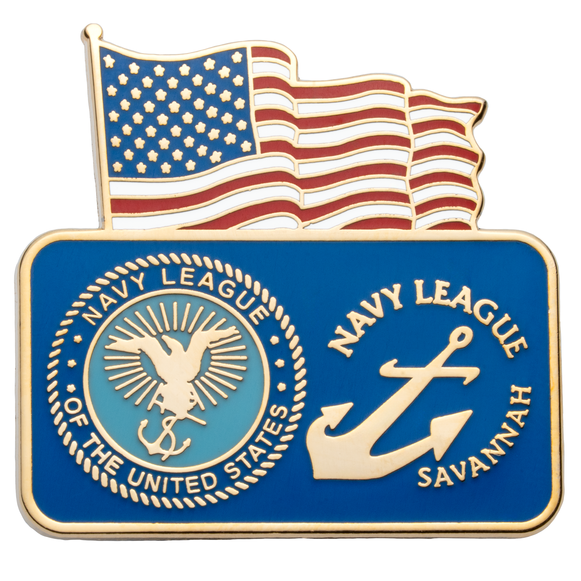 Gold-rimmed lapel pin featuring the American flag above the Navy League of the United States seal and a Savannah anchor emblem on a blue background.