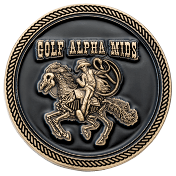 Circular challenge coin featuring a skeletal cowboy riding a skeleton horse with the text Golf Alpha Mids on a black background.