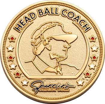 Gold challenge coin featuring Head Ball Coach text and Spurrier's Gridiron Grille logo with a coach profile outline.