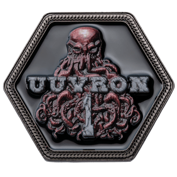 Hexagonal coin featuring the text UUVRON 1 and a dark red Cthulhu-style creature with tentacles.