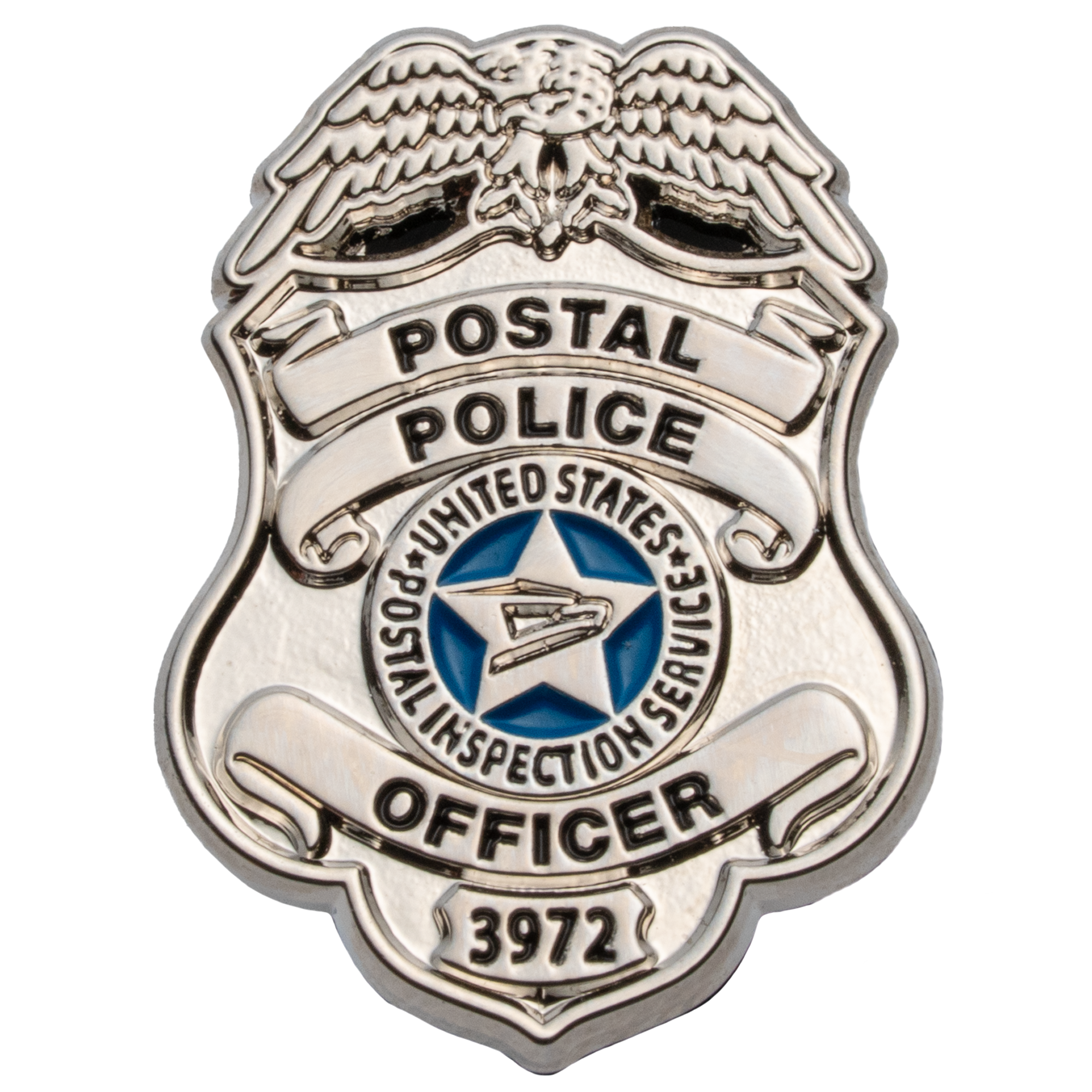 Silver shield-shaped lapel pin for Postal Police Officer 3972 featuring a blue star and eagle emblem.