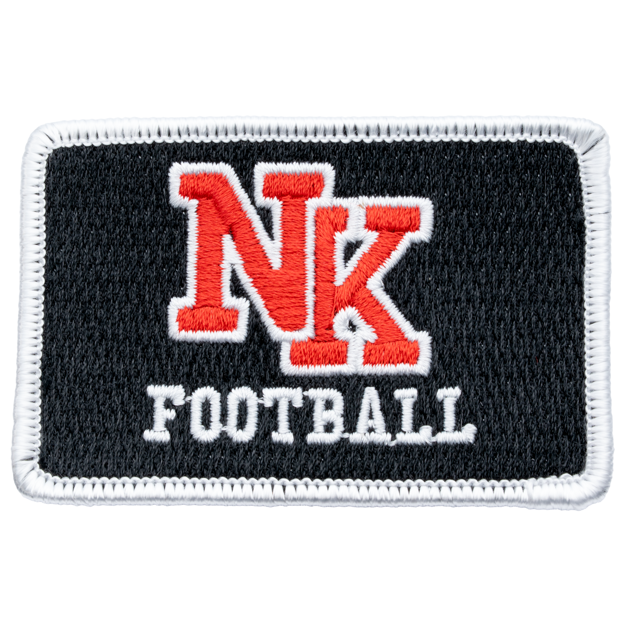 Rectangular embroidered patch featuring a red and white NK logo with the word FOOTBALL on a black background and white border.