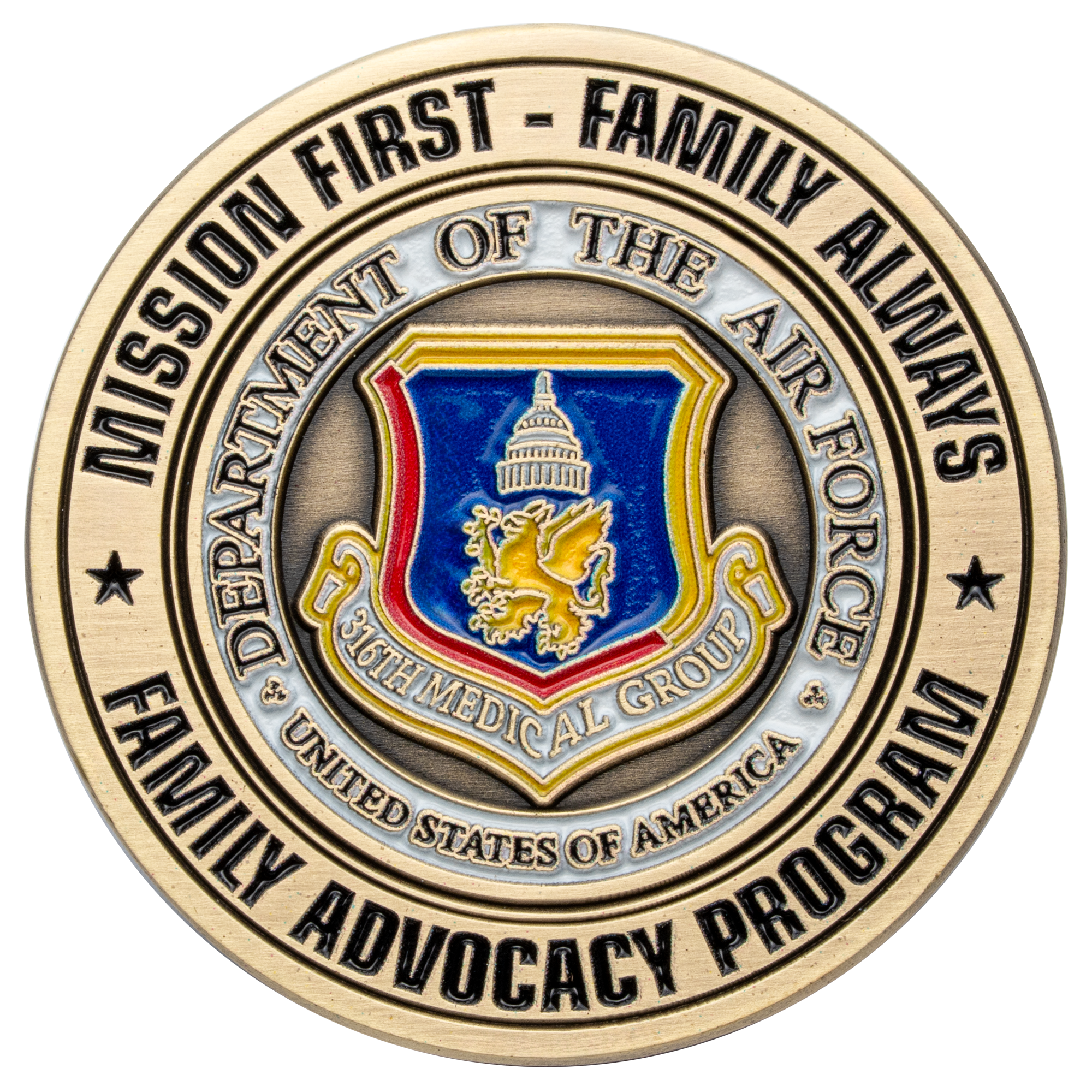 Antique gold challenge coin for the Air Force Family Advocacy Program featuring the 316th Medical Group shield with a griffin and capitol dome.