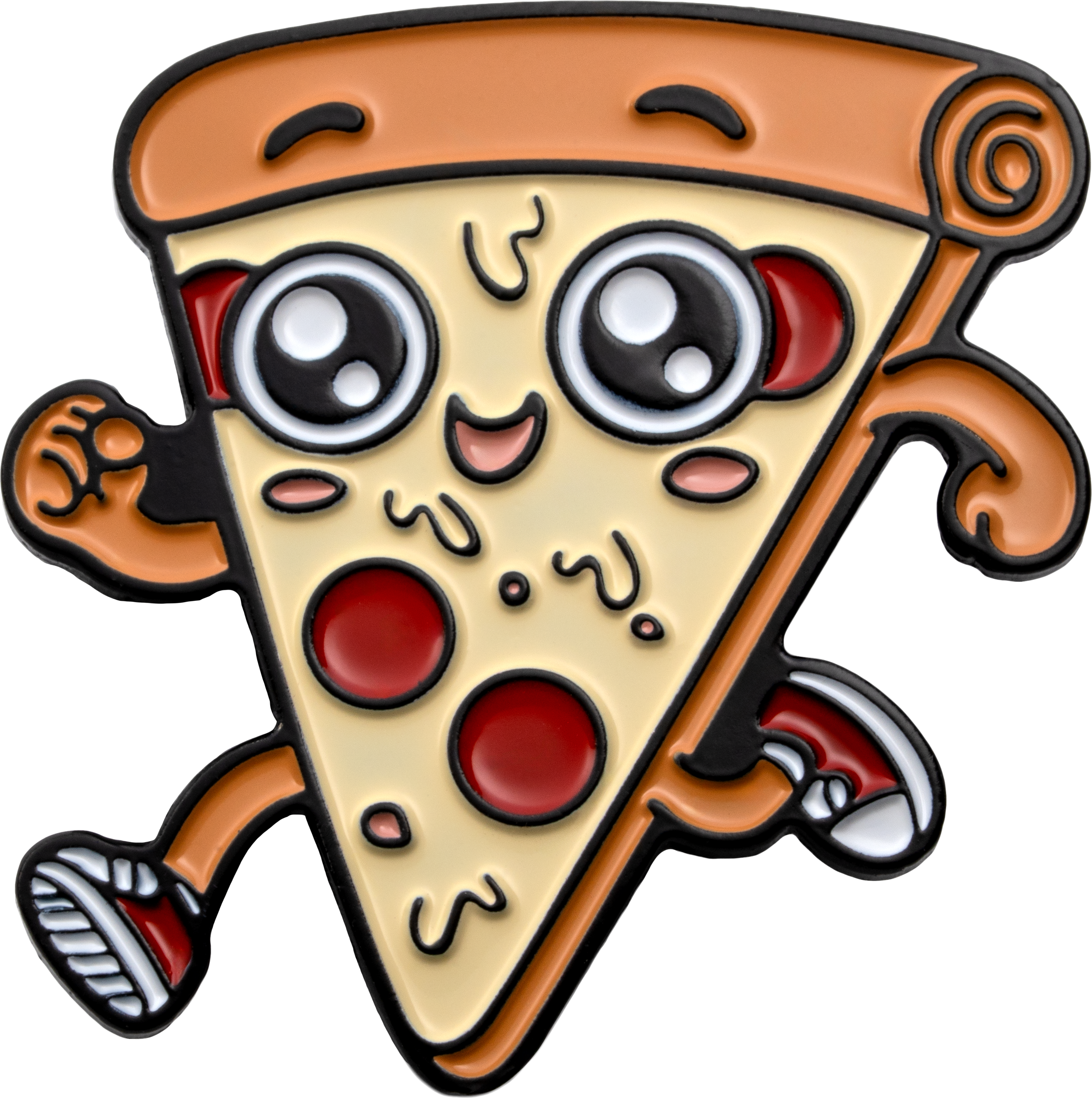 Running pepperoni pizza character lapel pin with large eyes and sneakers.
