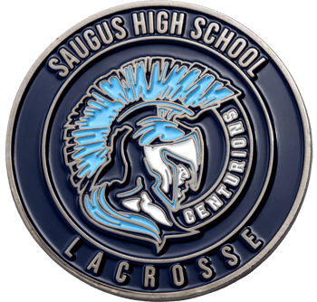 Saugus High School Lacrosse Centurions challenge coin with blue enamel and Centurion helmet logo.