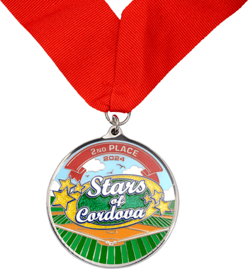 Custom 2nd Place 2024 Stars of Cordova baseball medal with red neck ribbon and glitter stars.