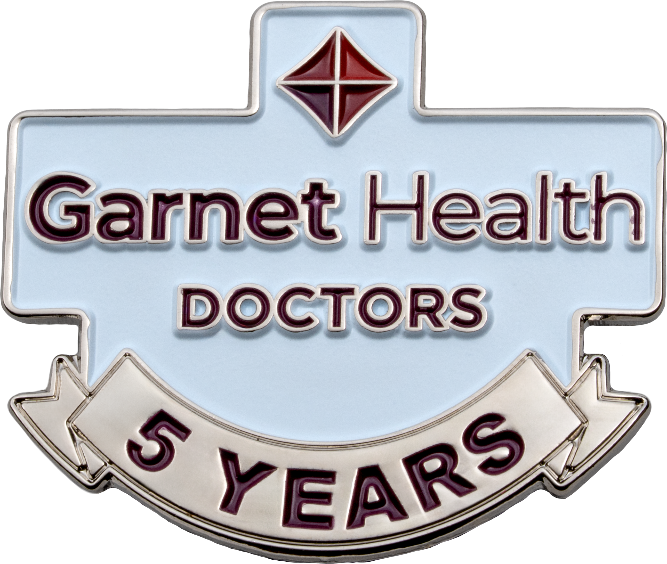 Garnet Health Doctors 5 years service recognition lapel pin with light blue enamel and a garnet-colored diamond logo.