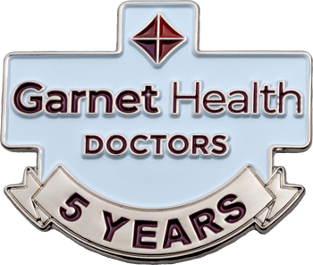 Garnet Health Doctors 5 years service recognition lapel pin with light blue enamel and a garnet-colored diamond logo.
