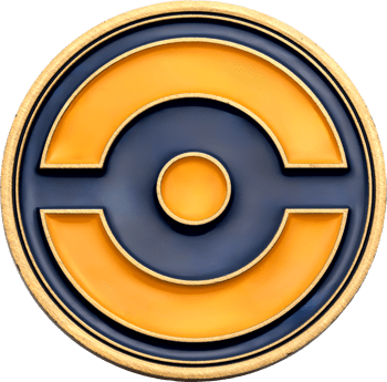 Circular gold challenge coin featuring an orange and dark blue Pokéball inspired emblem.