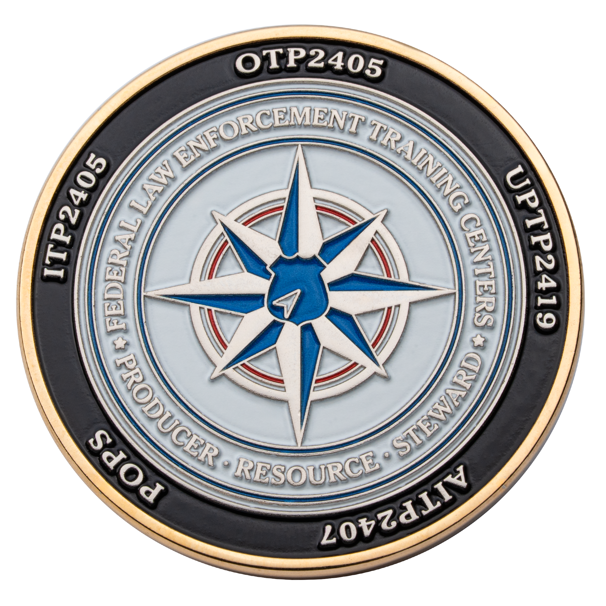 Gold and enamel challenge coin featuring the Federal Law Enforcement Training Centers logo with a blue and white compass rose design.