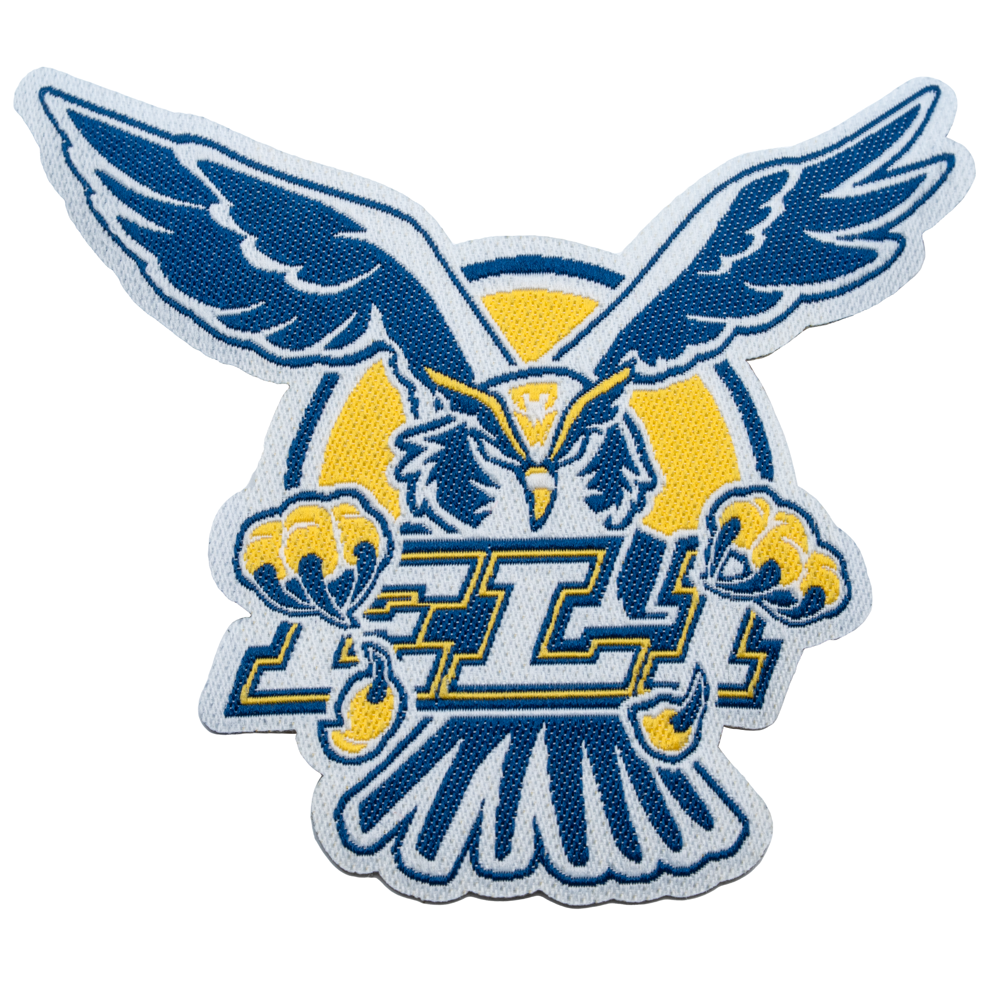 Embroidered patch featuring a blue and yellow owl with spread wings and the word Fly.