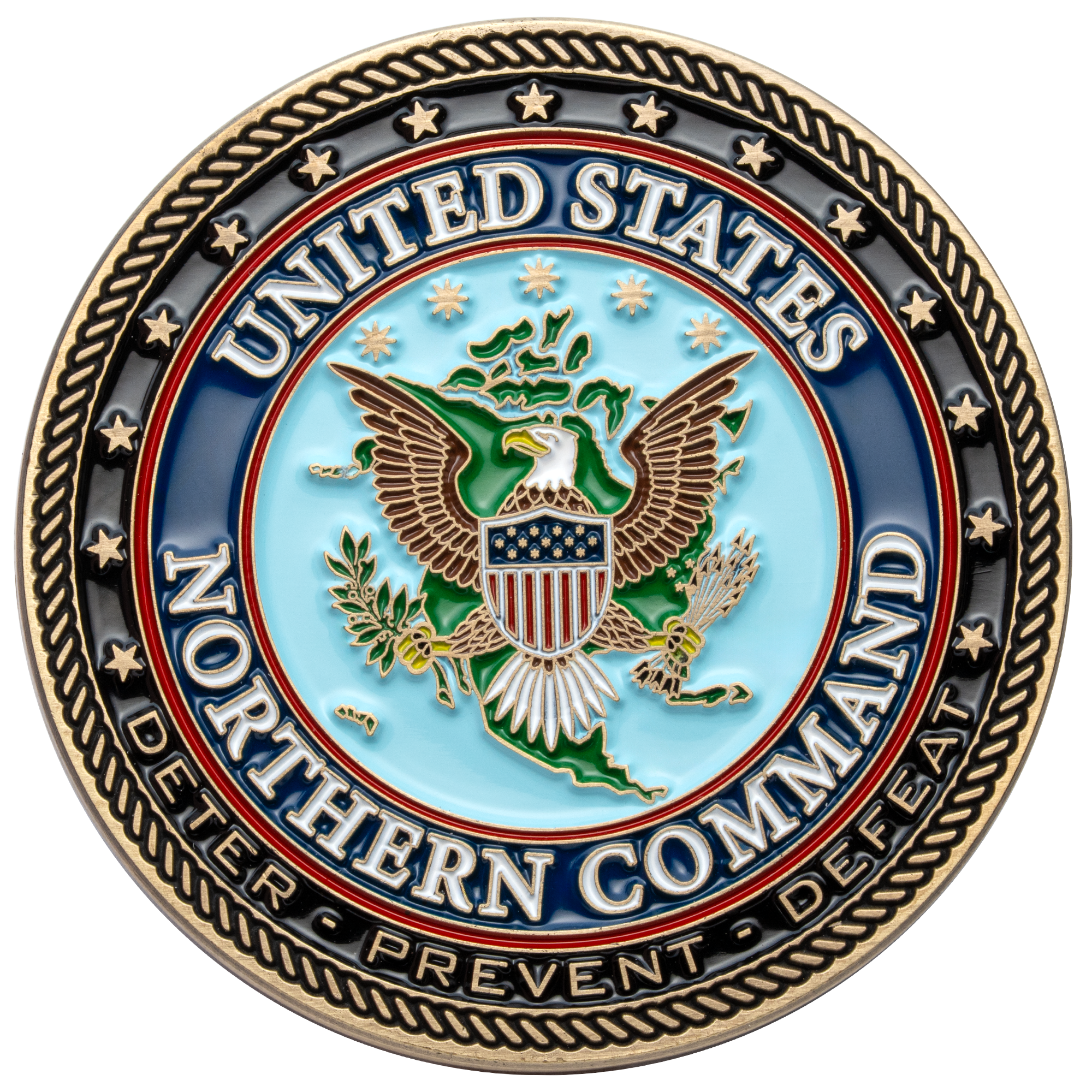 United States Northern Command challenge coin featuring a bald eagle emblem over a map of North America with a rope edge border.
