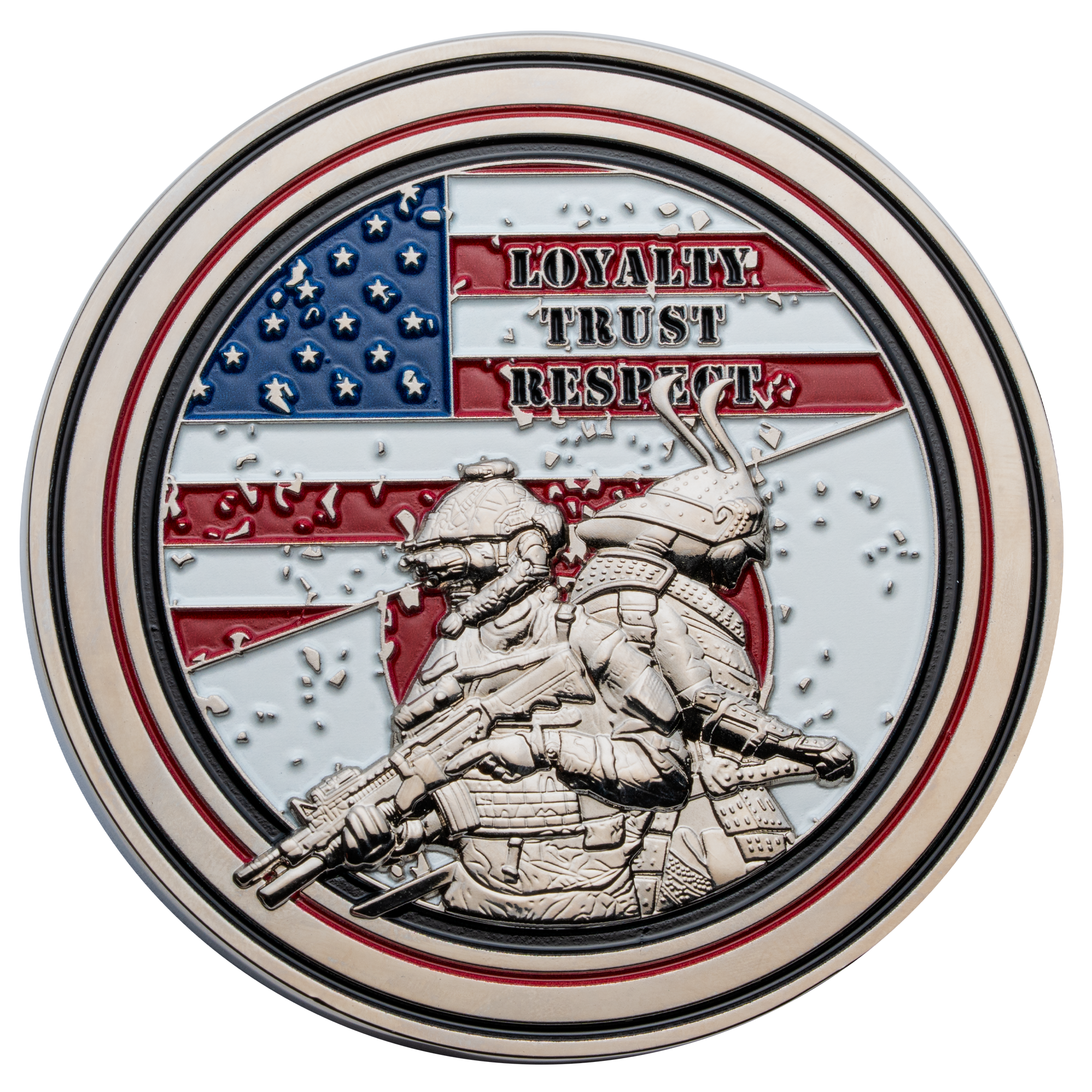 Circular challenge coin featuring a modern soldier and samurai over an American flag with the words Loyalty, Trust, and Respect.