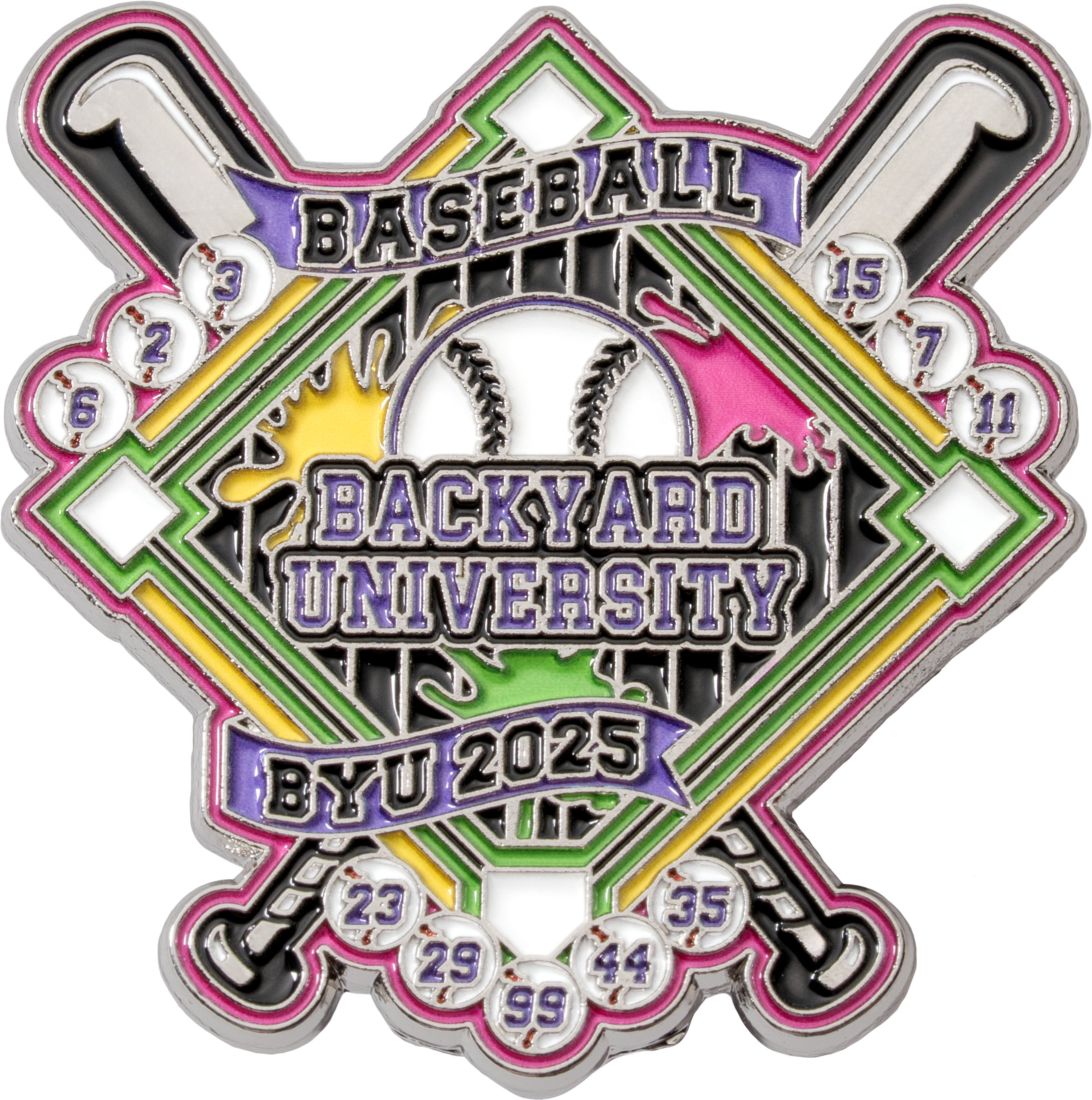 Backyard University BYU 2025 baseball lapel pin with crossed bats, a diamond, and player numbers in a colorful enamel design.