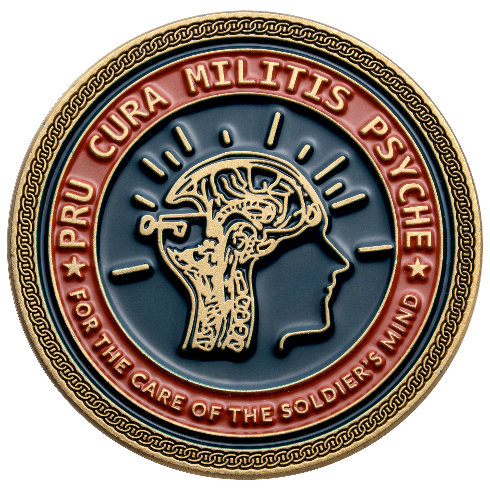 Circular challenge coin featuring a profile of a human head with a visible brain and key design, bordered by red text and a gold braided edge.