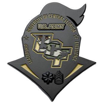 Shield-shaped black challenge coin with University of Central Florida U.S. Army text, camouflage UCF logo, and military rank insignia.