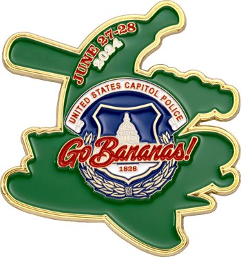 United States Capitol Police Go Bananas custom lapel pin featuring green enamel and a police badge design dated June 27-28 2024.