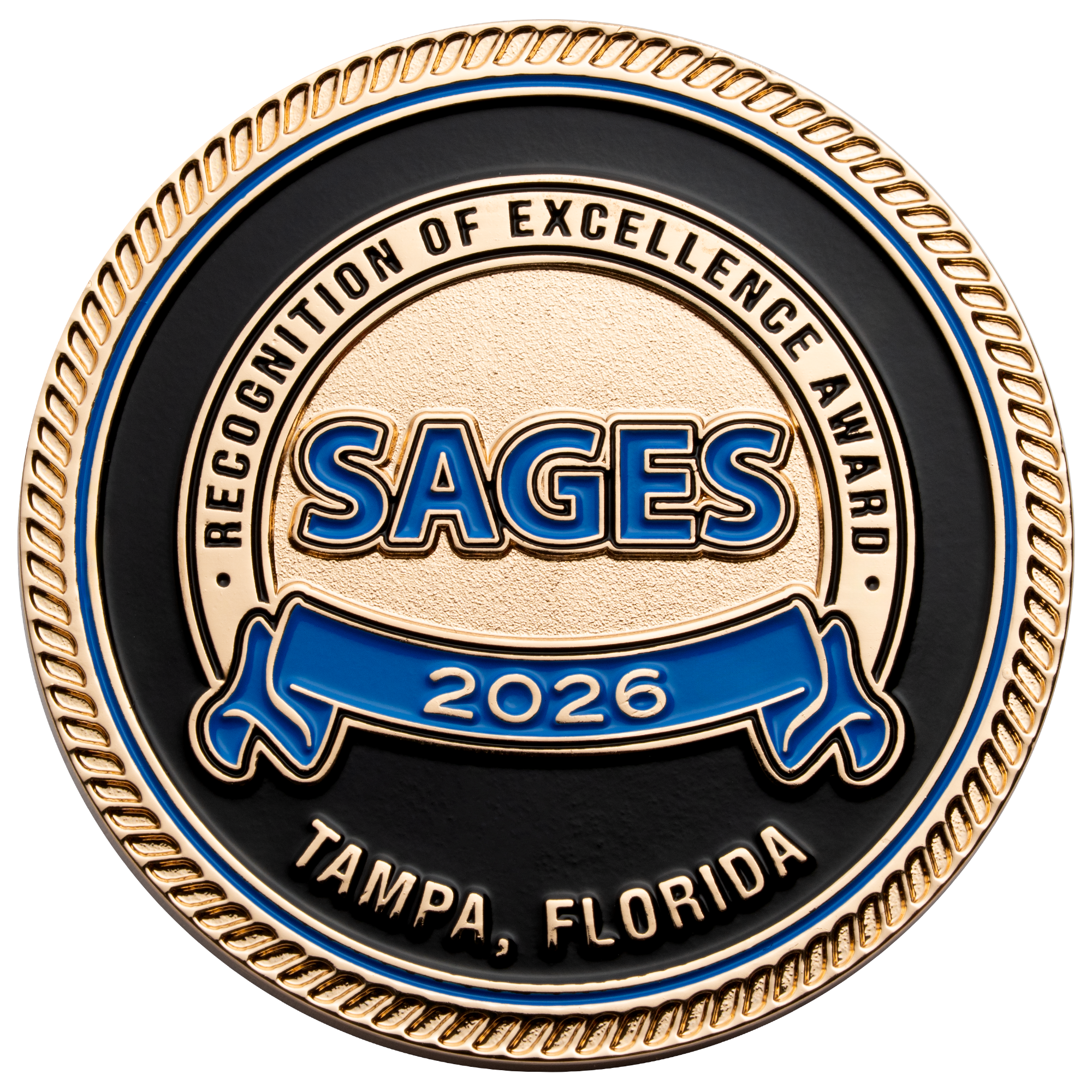 Gold challenge coin with SAGES logo, a blue 2026 banner, and Tampa Florida text on a black background with a rope edge.