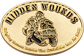 Oval gold challenge coin featuring the text Hidden Wounds with a soldier in camouflage gear kneeling.