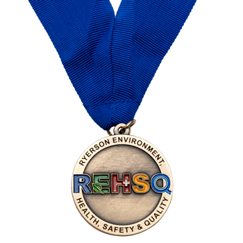 Gold finish medal with blue, green, red, and yellow REHSQ logo on a blue neck ribbon.