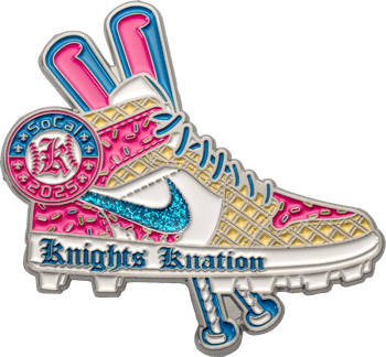 Custom sneaker-shaped lapel pin featuring a pink donut pattern, blue glitter swoosh, and Knights Knation text.