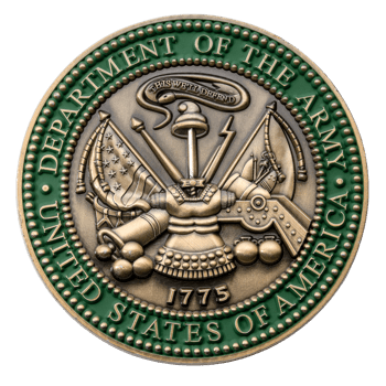 Antique bronze challenge coin featuring the United States Department of the Army seal with green enamel border and 1775 date.