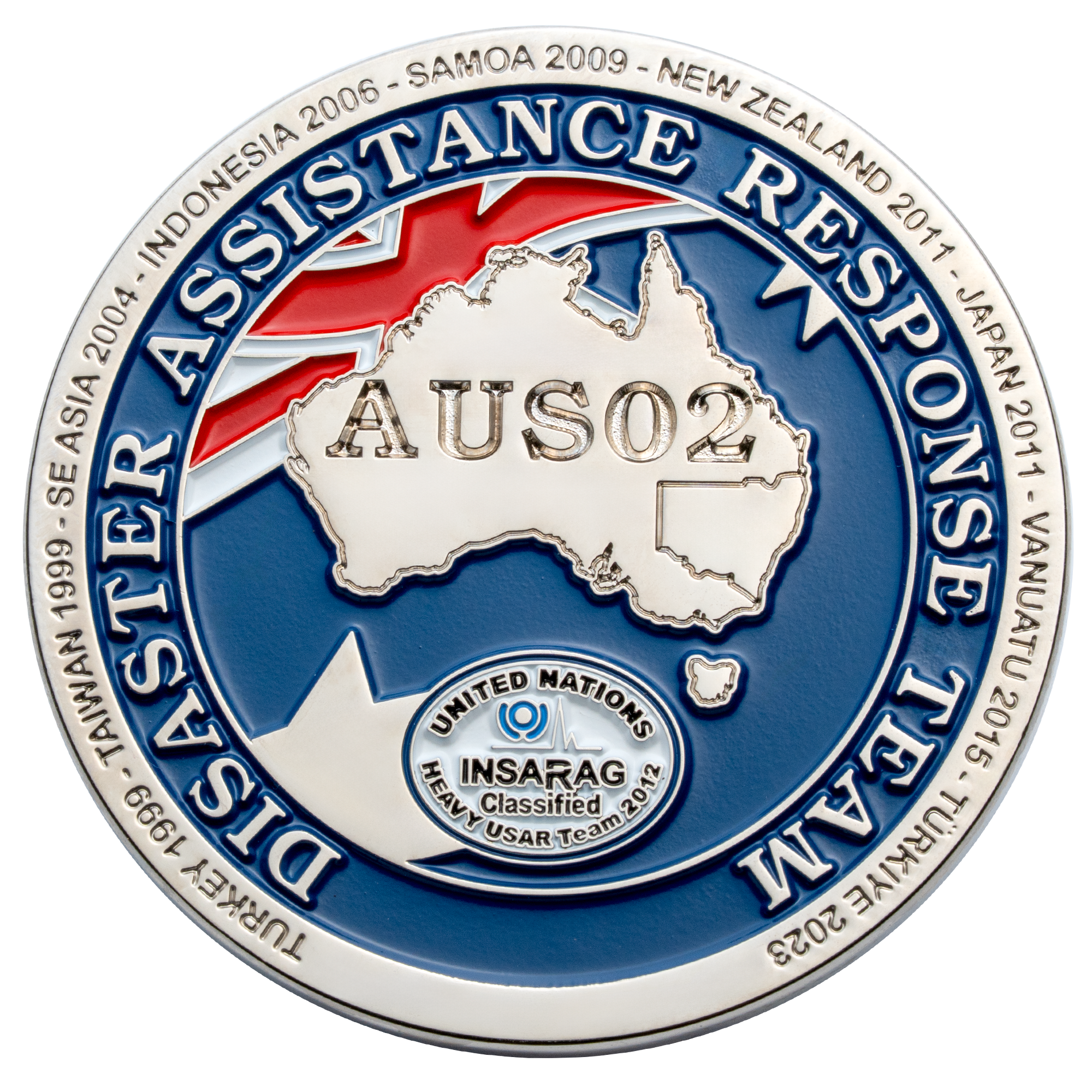 Disaster Assistance Response Team challenge coin featuring an Australian map, AUS02 text, and UN INSARAG logo with a list of deployment locations and dates.