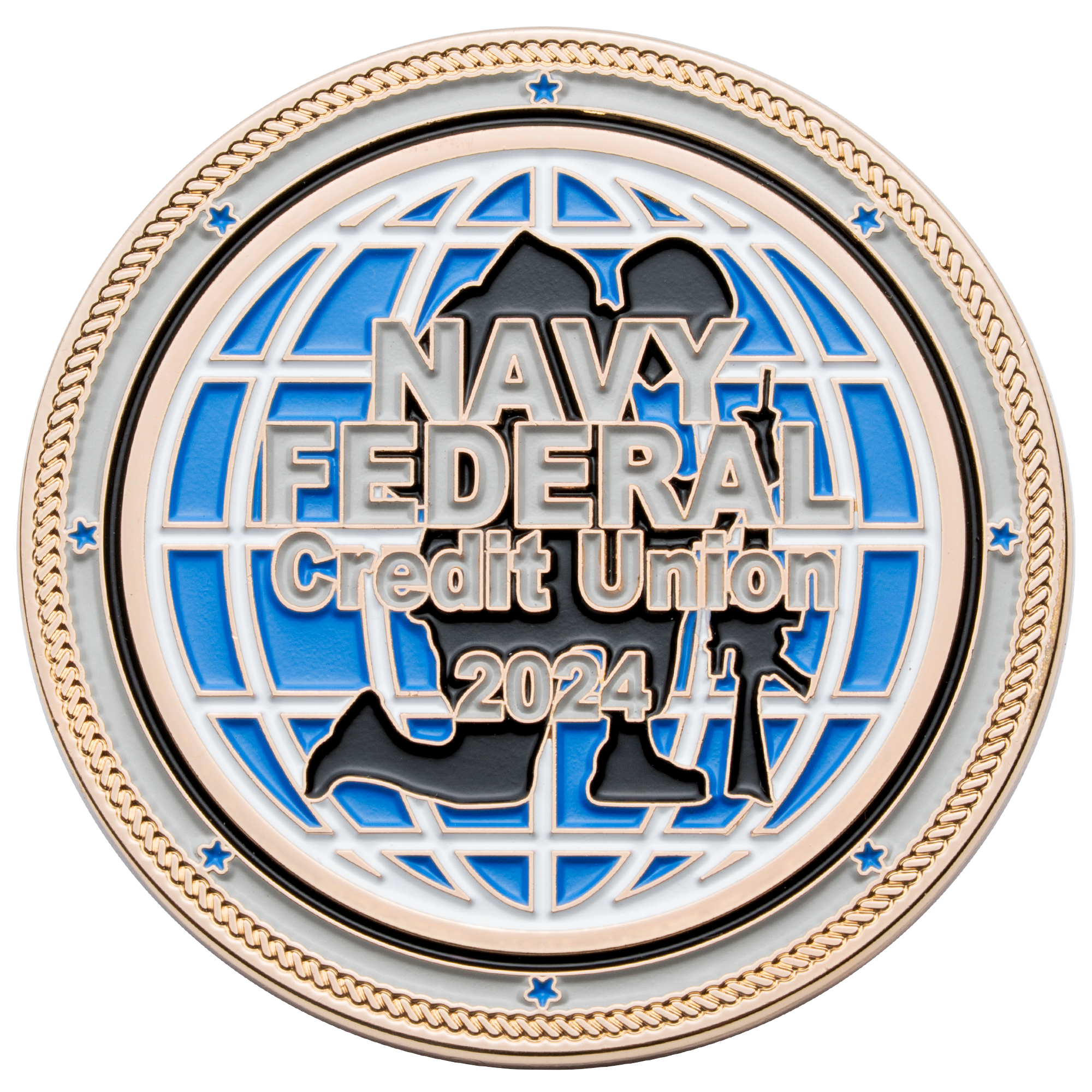 Navy Federal Credit Union 2024 challenge coin featuring a globe background, a soldier silhouette, and a rope border with blue stars.