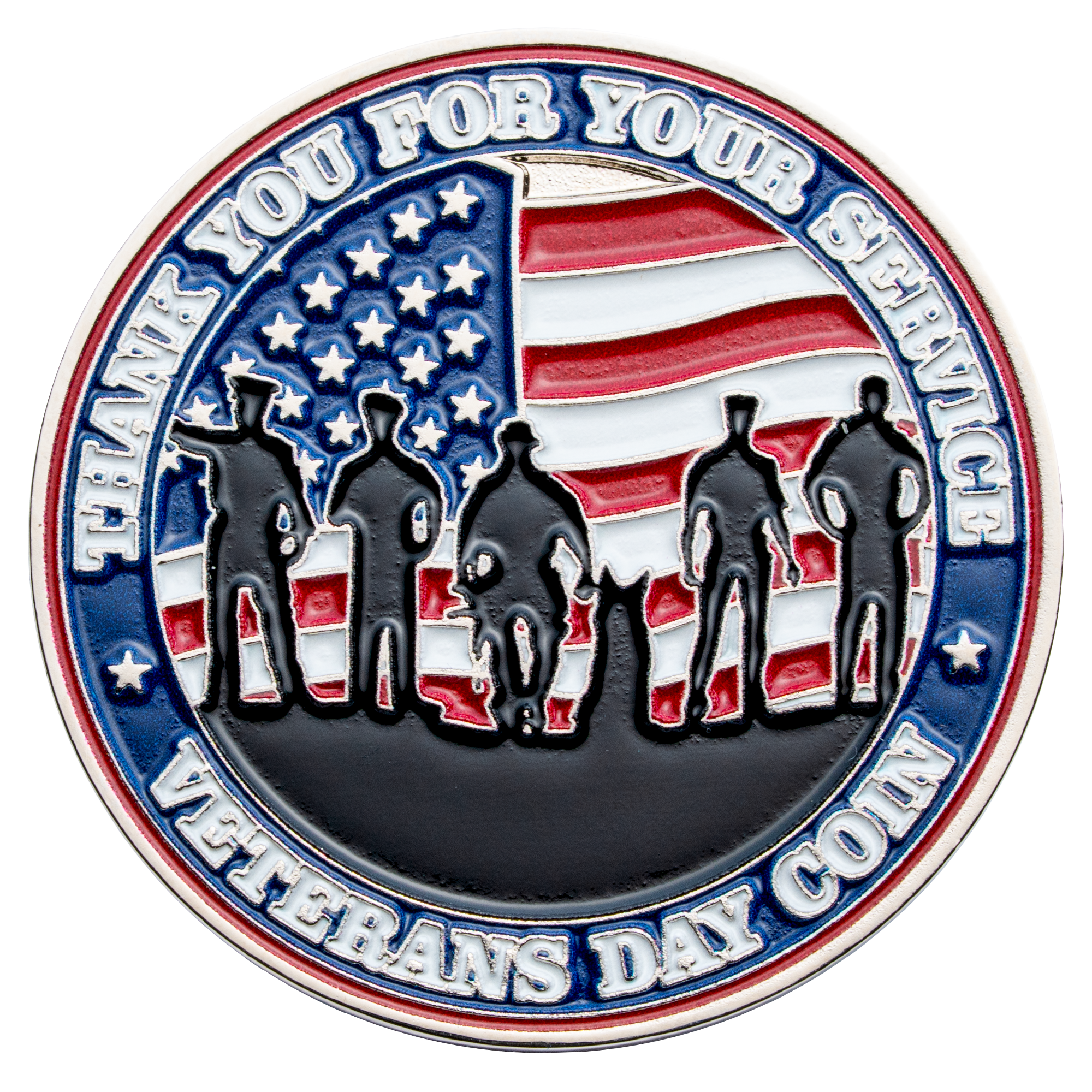 Veterans Day challenge coin featuring military silhouettes and the American flag with the text Thank You For Your Service.