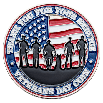 Veterans Day challenge coin featuring military silhouettes and the American flag with the text Thank You For Your Service.