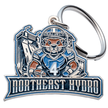 Northeast Hydro keychain featuring a beaver mascot wearing a football helmet and jersey with the number four.