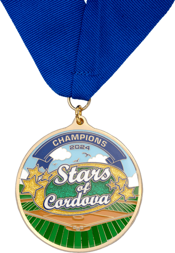 Custom gold award medal with blue ribbon featuring a baseball field design, glitter stars, and Stars of Cordova Champions 2024 text.