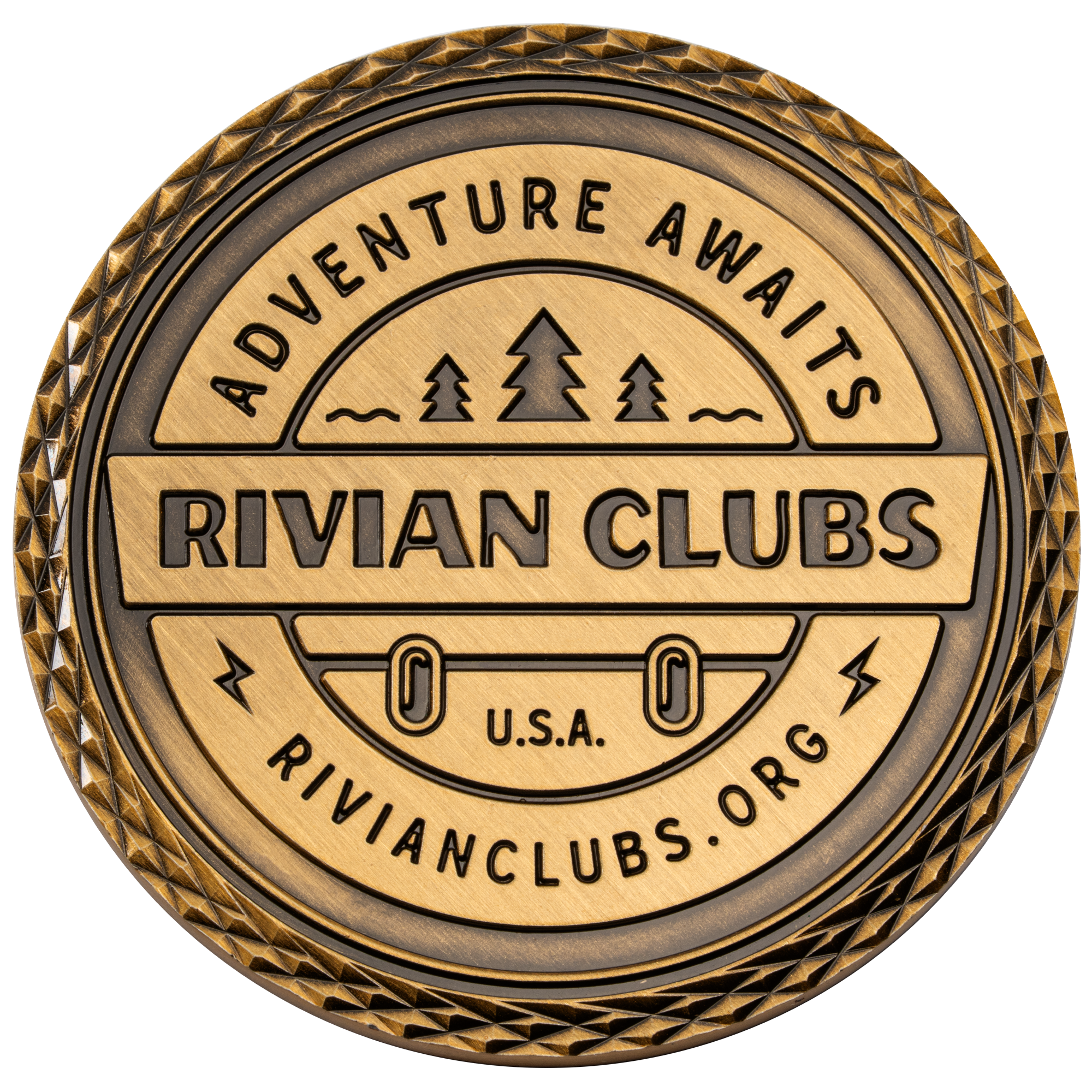 Antique brass challenge coin for Rivian Clubs featuring pine trees, diamond cut edge, and Adventure Awaits text.