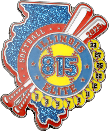Illinois state shaped trading pin featuring Illinois 815 Elite softball logo, crossed bats, glitter background, and player numbers on softballs.