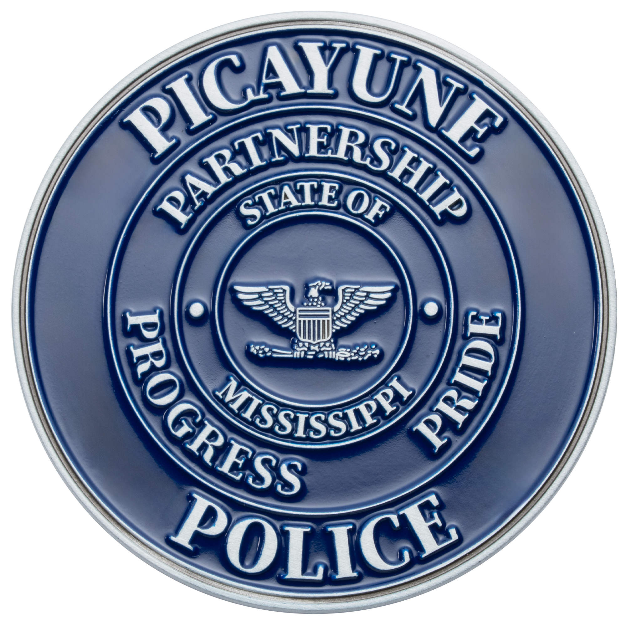 Circular blue and silver challenge coin for Picayune Police Partnership, State of Mississippi, featuring an eagle emblem and concentric text rings.