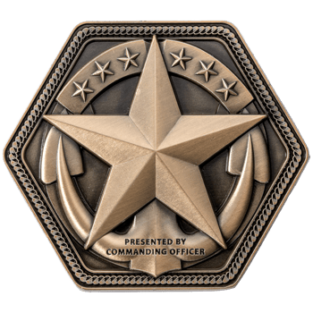 Hexagonal bronze challenge coin featuring a large central star, six smaller stars, an anchor, and the text Presented by Commanding Officer.