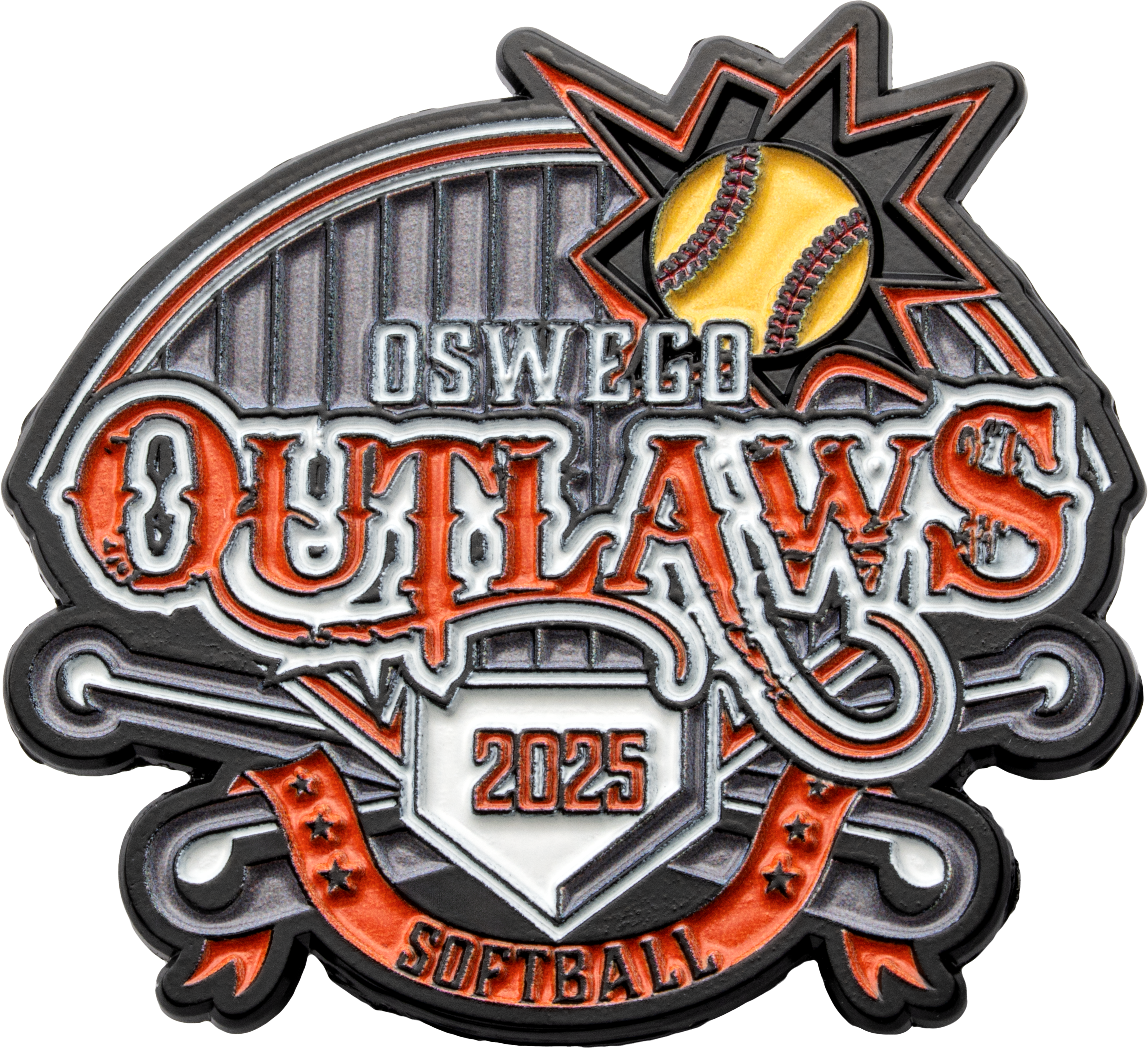Softball lapel pin featuring the Oswego Outlaws logo, a yellow softball with red stitching, a home plate with the year 2025, and crossed bats.