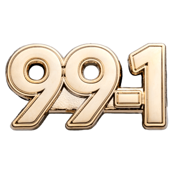 Gold-plated lapel pin in the shape of the numbers 99-1 with a polished finish and recessed borders.